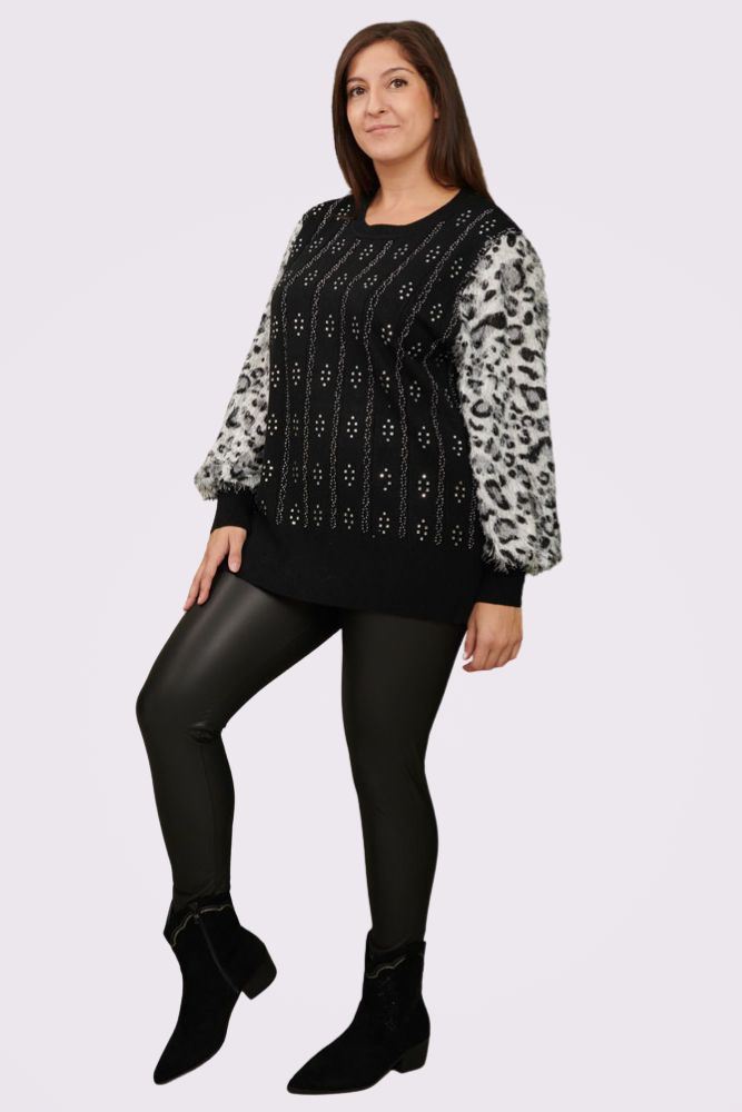 Diamante Pattern Leopard Faux Fur Soft Knit Jumper