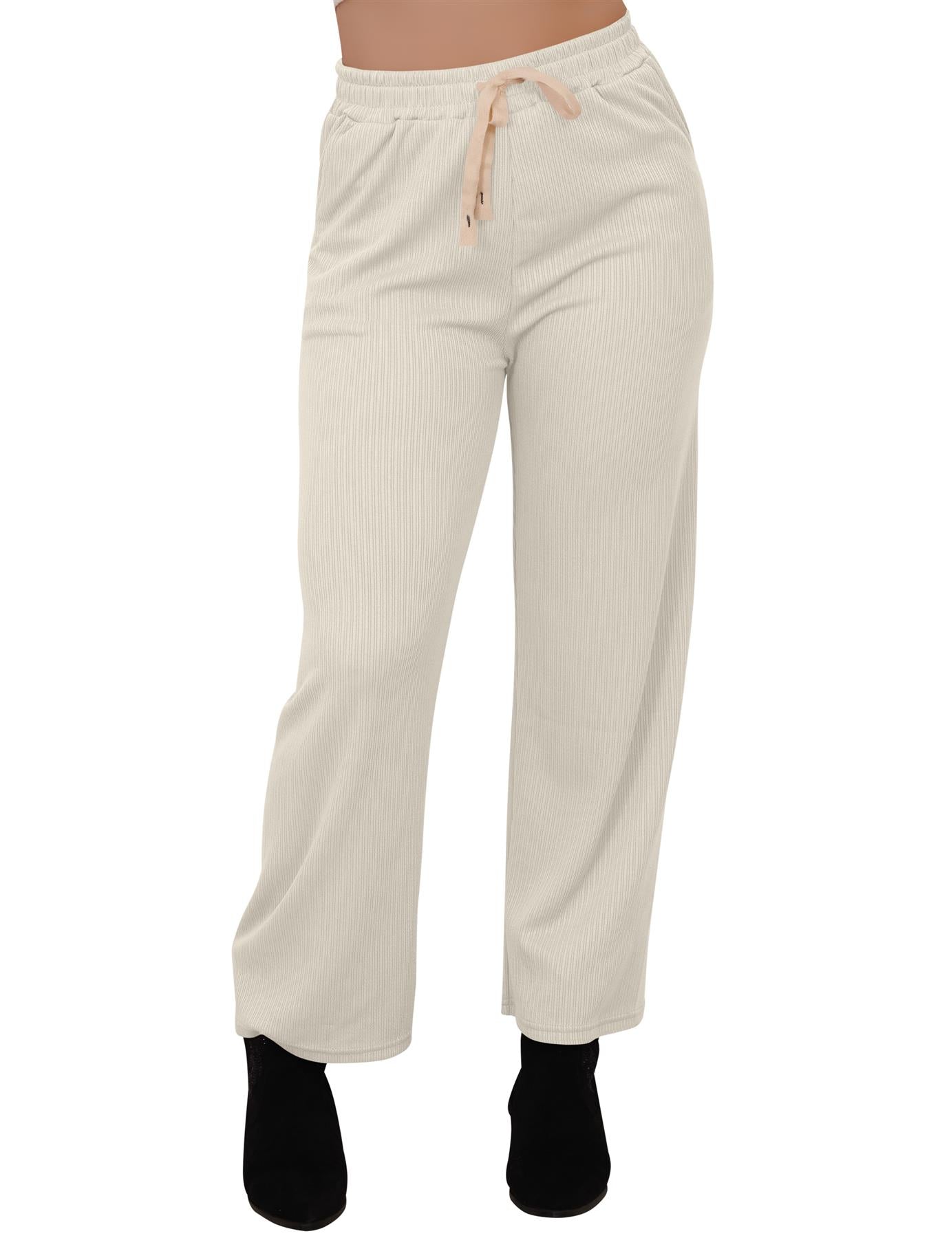 Plain Ribbed Wide Leg Drawstring Trousers