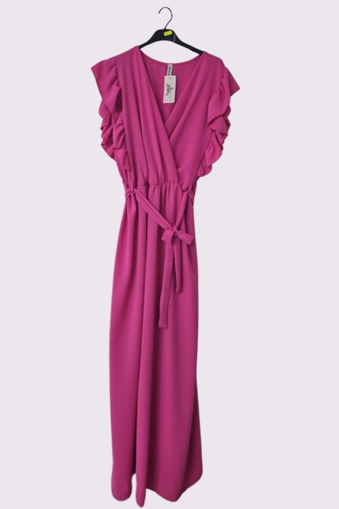 Plain Ruffle Sleeve Wrapover Belted Jumpsuit