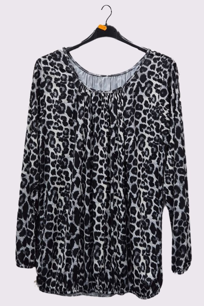 Leopard Print Pleated Elastic Hem Top