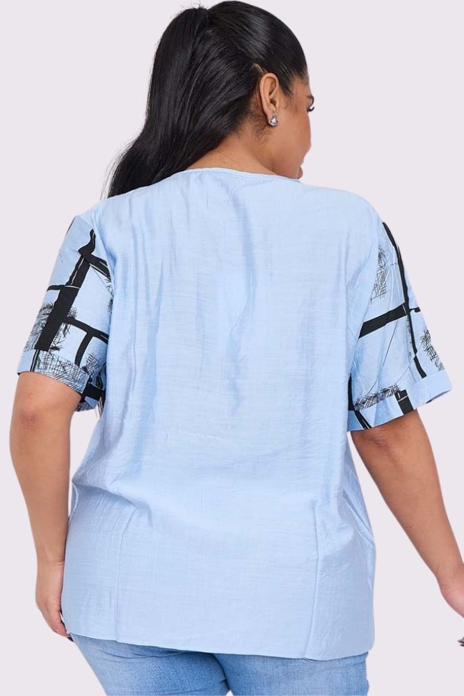 Abstract Check Print Pocket Cotton Top