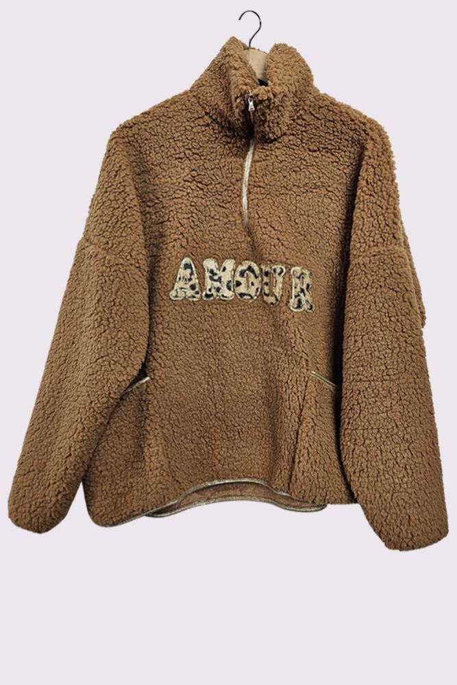 Amour Letter Gold Trim Leopard Faux Sherpa Pockets Top