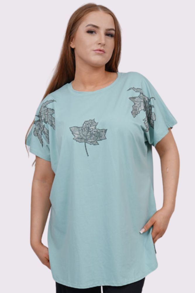 Diamante Leaf Pattern Side Slit Cotton Top