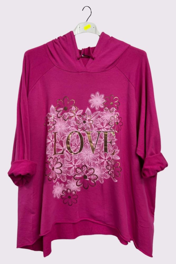 Love Flower Foil Print String Hoody High Low Hem Cotton Hoodie