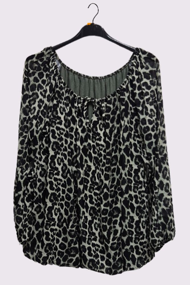 Leopard Print Oversized Drawstring Neckline Top