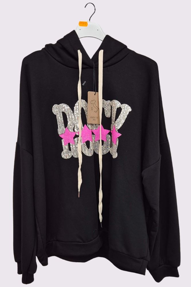 Sequin Rock Star Motif Oversized Hoodstring Cotton Hoodie