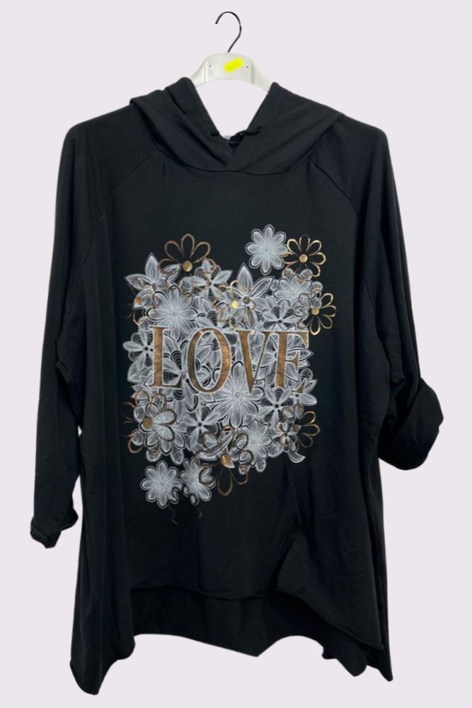 Love Flower Foil Print String Hoody High Low Hem Cotton Hoodie