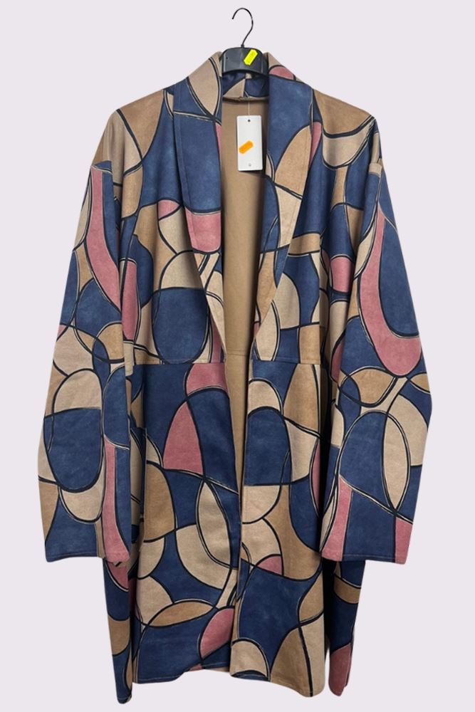 Retro Shape Print Faux Suede Pockets Oversized Jacket