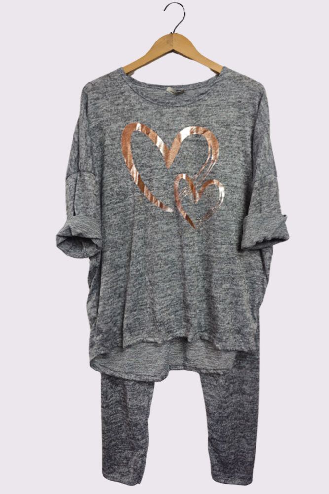 Marl Pattern Foil Print Elastic Waist Rose Gold Foil Heart Print Loungewear