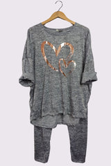 Marl Pattern Foil Print Elastic Waist Rose Gold Foil Heart Print Loungewear