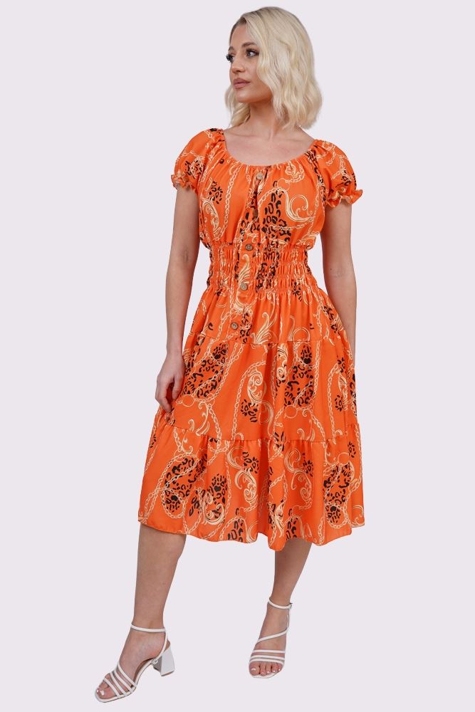 Baroque Chain Print Front Button Dress