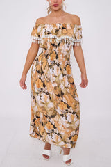 Leaf Print Lace Shirred Waist Dress