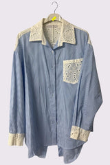 Cotton Stripe Print Cut Out Collar Pocket Cotton Shirt