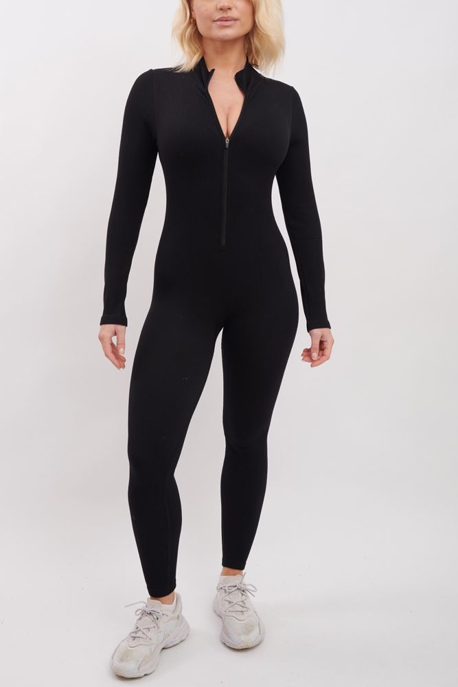 Plain Ribbed Zip Up Seamless Nylon Jumpsuit