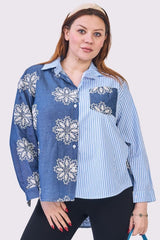 Floral Stripe Patchwork Print Oversized Front Pocket High Low Hem Cotton Shirt