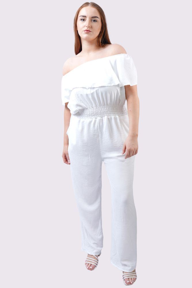 Plain Ruffle Trim Shirred Waist Jumpsuit