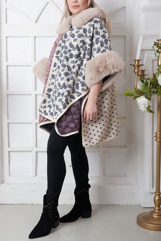 Paisley Print Trim Faux Fur Poncho