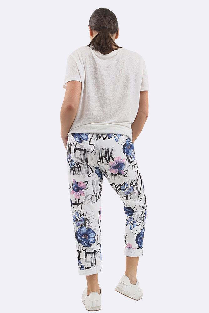 Cotton Floral Printed Drawstring Foldover Hem Trouser