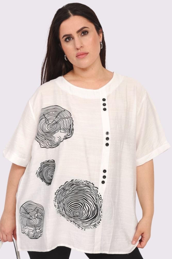 Tree Ring Print Front Button Detail Cotton Top