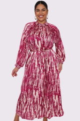 Tie Dye Print Shirred Cuff Belted Dress