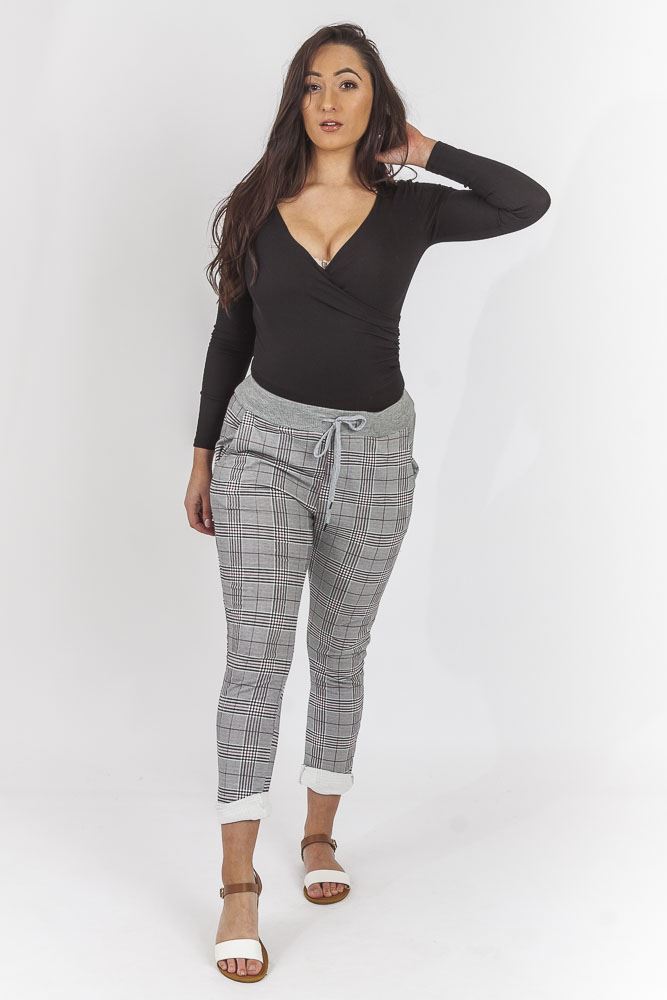 Cotton Check Print Drawstring Foldover Hem Trouser