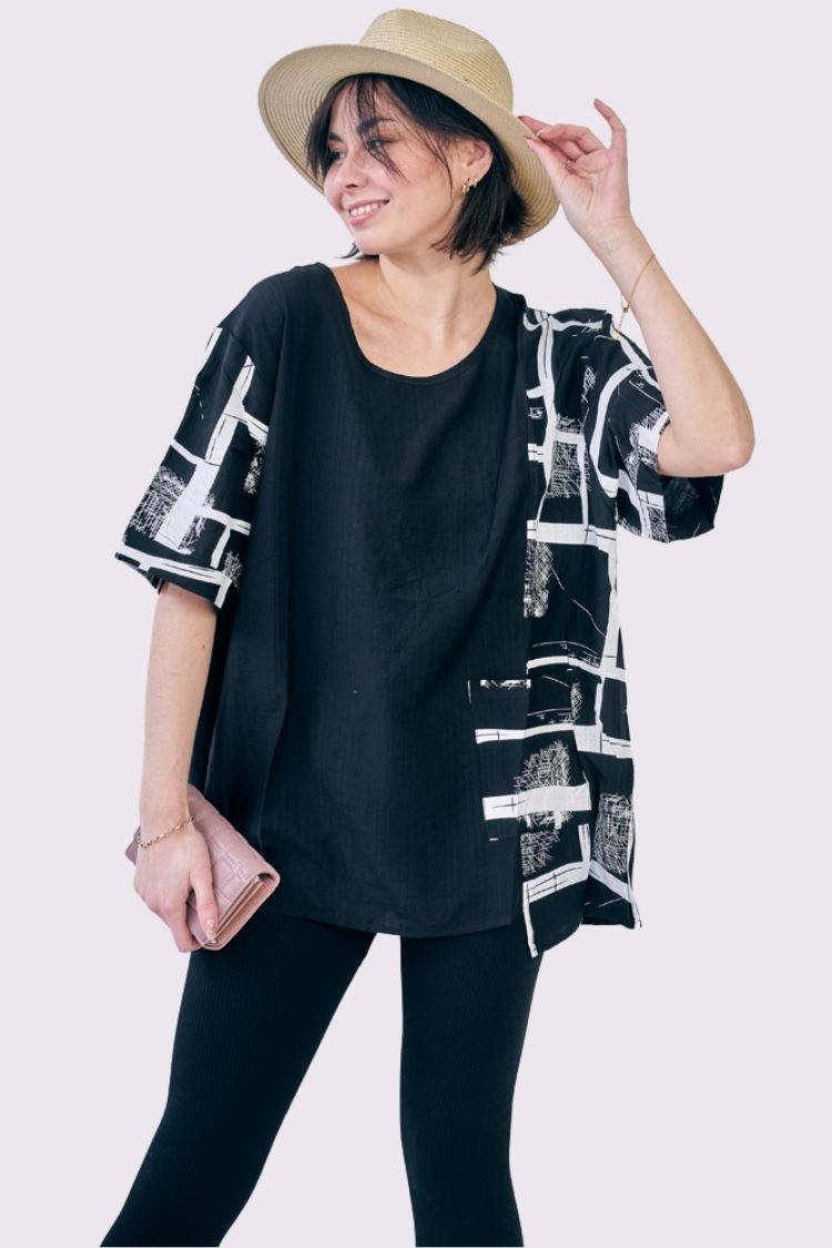 Abstract Check Print Pocket Cotton Top