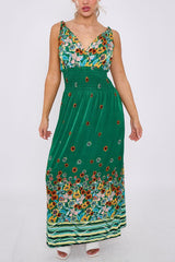 Sun Flower Print Shirred Waist Wrapover Dress