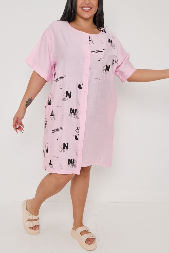 Alphabet Print Front Button Detail Dress