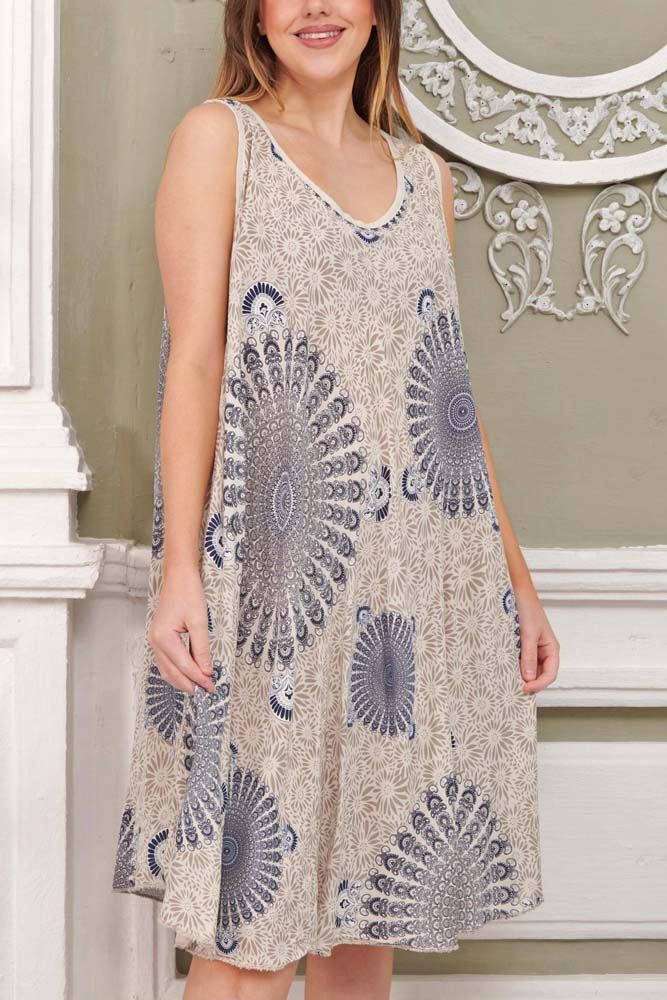 Floral Mandala Print Flared Viscose Dress