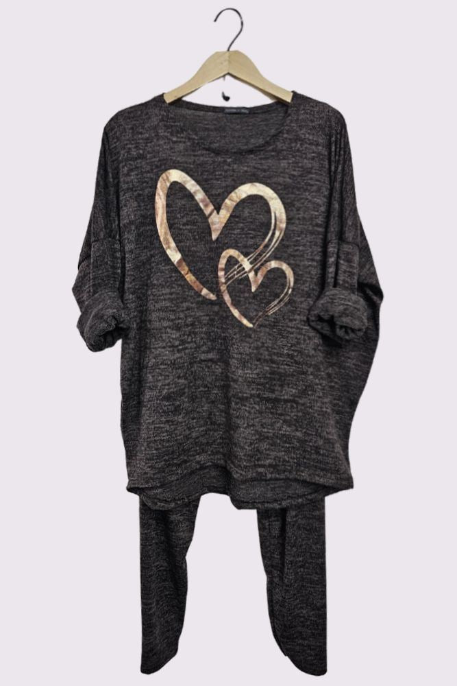 Marl Pattern Foil Print Elastic Waist Rose Gold Foil Heart Print Loungewear