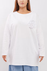 Flower Applique Dipped Hem Cotton Top