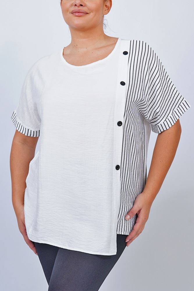 Stripe Print Side Button Detail Cotton Top