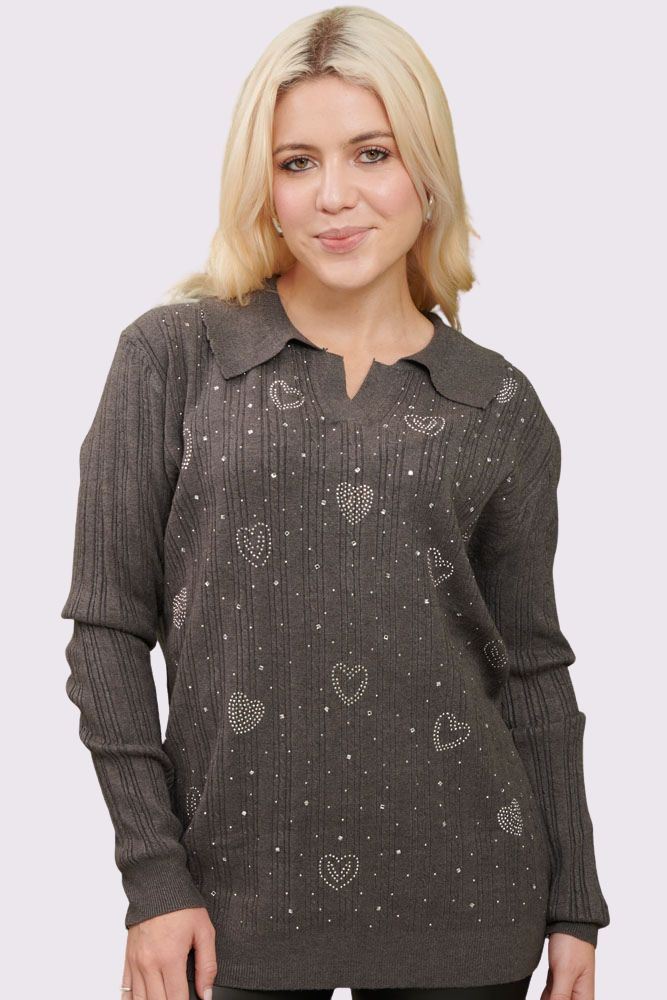 Diamante Heart Pattern Knitted Jumper