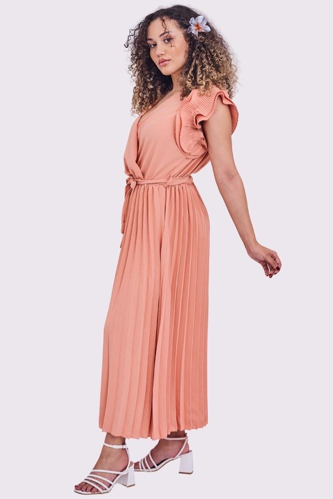 Plain Pleated Wrapover Belted Dress