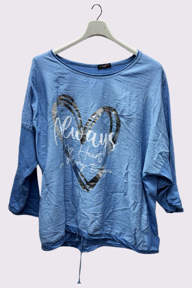 Alphabet Heart Print Drawstring Hem Cotton Top