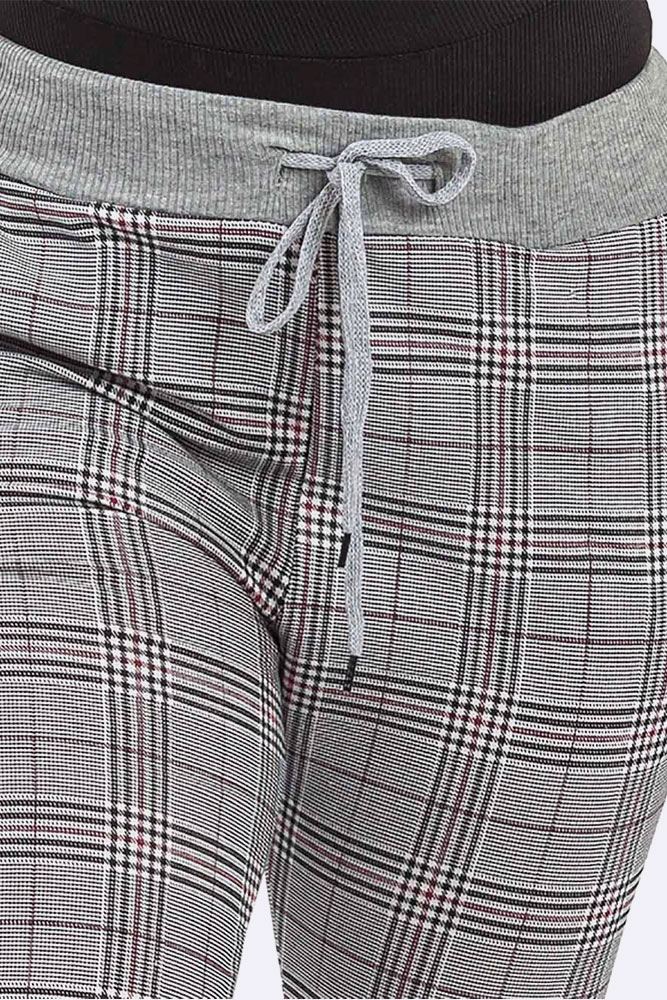 Cotton Check Print Drawstring Foldover Hem Trouser