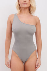 Plain One Shoulder Seamless Ribbed Nylon Bodysuit