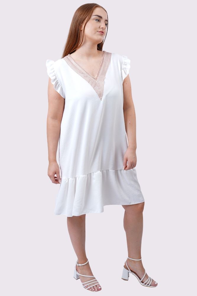 Plain Embroidered Neck Flared Hem Dress