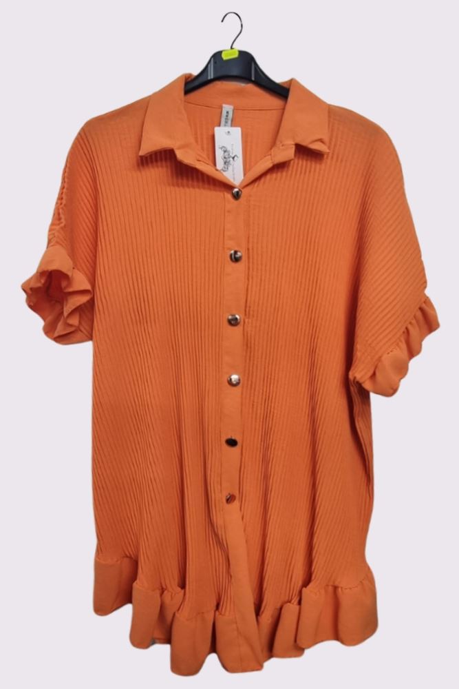 Corduroy Ruffle Hem Button Closing Shirt