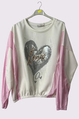 Sequin Foil Love Heart Stripe Sleeve Jumper