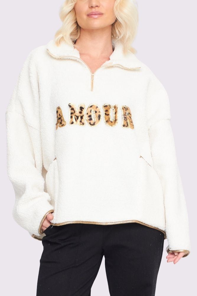 Amour Letter Gold Trim Leopard Faux Sherpa Pockets Top