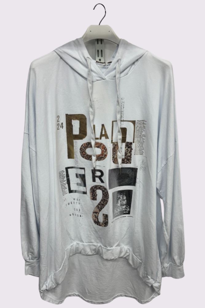 Foil Alphabet Pattern Oversized Dip Hem Drawstring Hooded Cotton Top