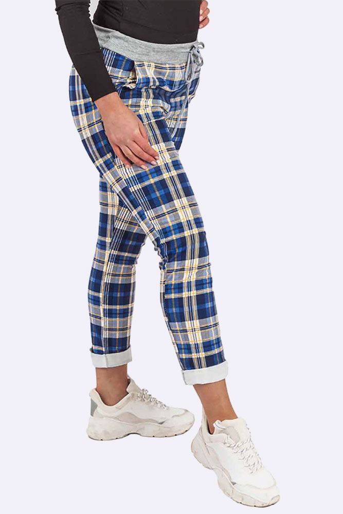 Cotton Tartan Print Foldover Hem Trouser