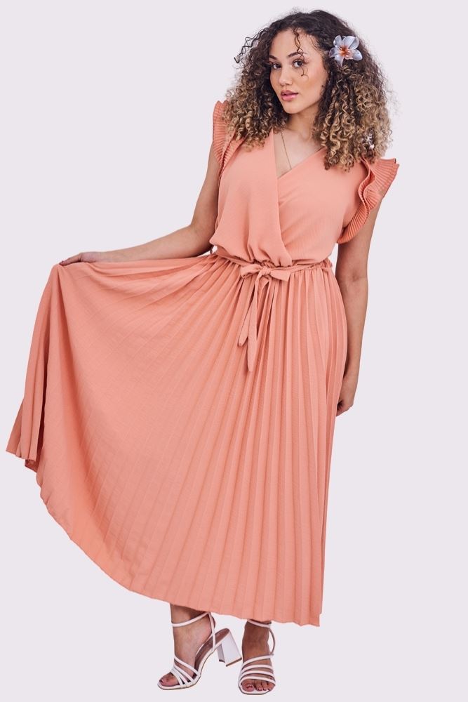 Plain Pleated Wrapover Belted Dress