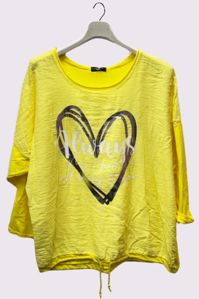 Alphabet Heart Print Drawstring Hem Cotton Top