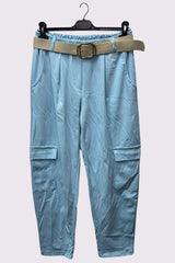 Plain Belted Waistband Pockets Cargo Trousers