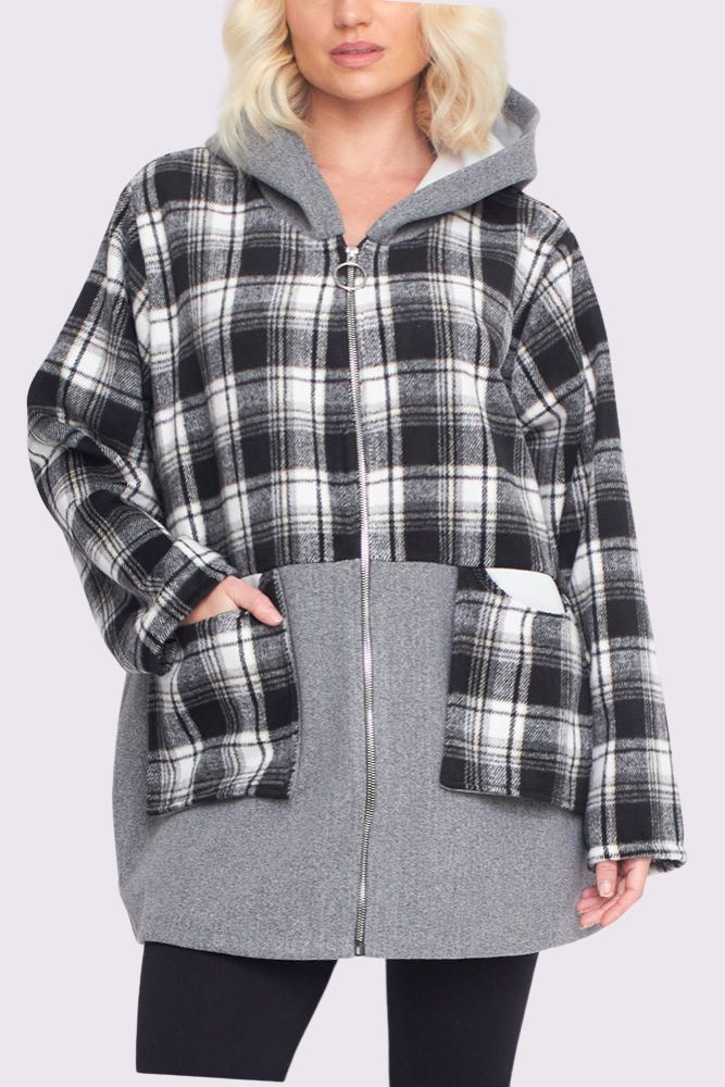 Plaid Pattern Pockets Hooded Jacket