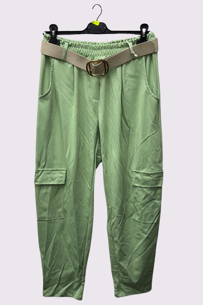 Plain Belted Waistband Pockets Cargo Trousers