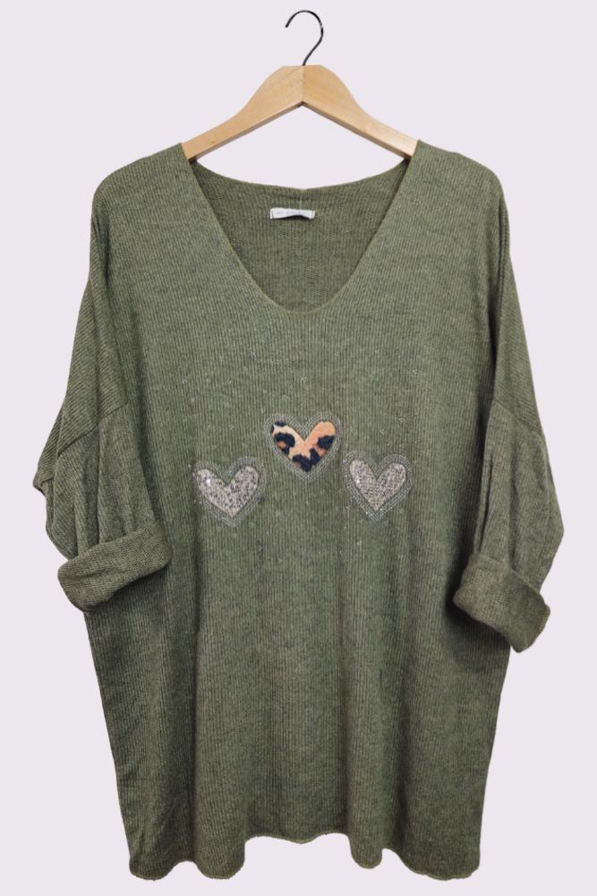 3 Heart Diamante Detail Soft Knit Ribbed Style Top