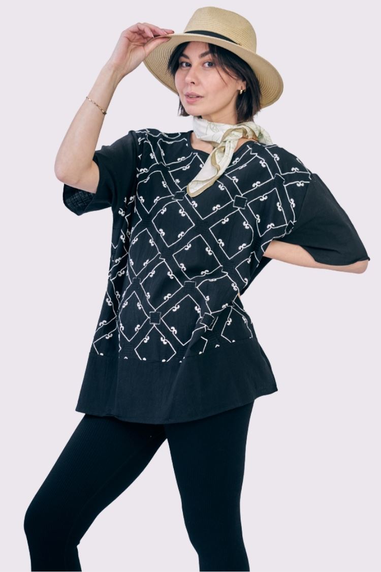 Embroidered Geometric Pattern Tunic Cotton Top